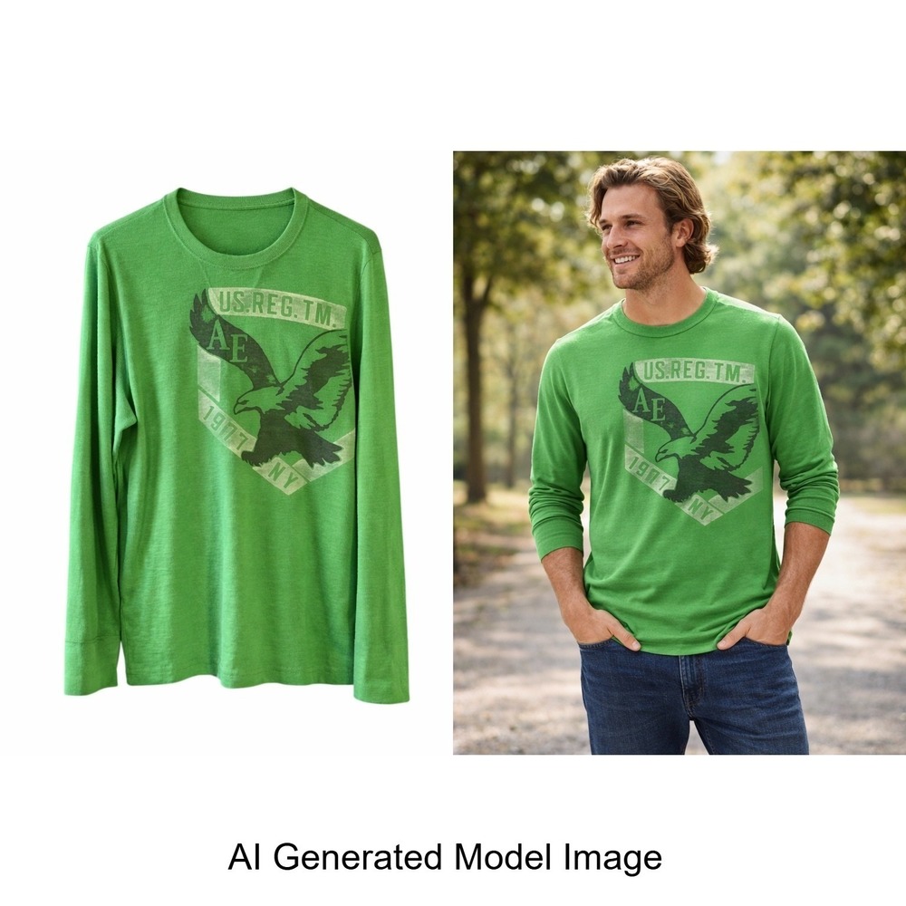 American Eagle Outfitters Mens Green Eagle Graphic Thermal Long Sleeve Shirt M